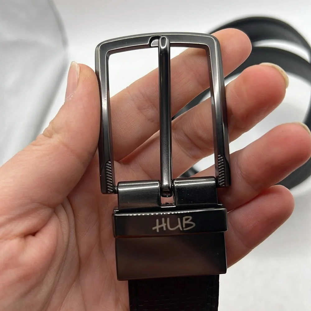 HUB Reversible Mens Belt Black Silver Smooth Textured